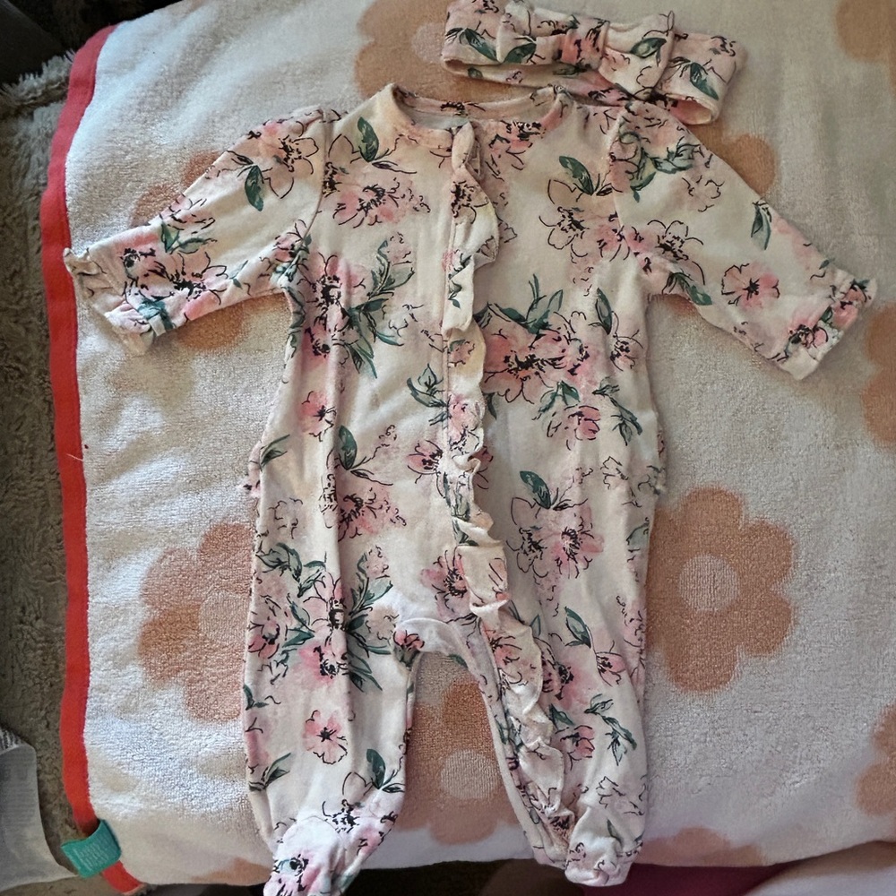 Little Me Pink Floral One Piece with Headband